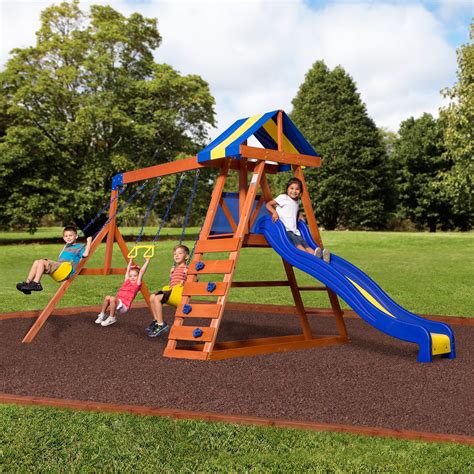 This wooden Fox Run Complete Play Swing Set (Wayfair Exclusive) features 2 swing seats with coated chain and a wind rider glider, each designed to support up to 115 pounds. . Cedar swing set